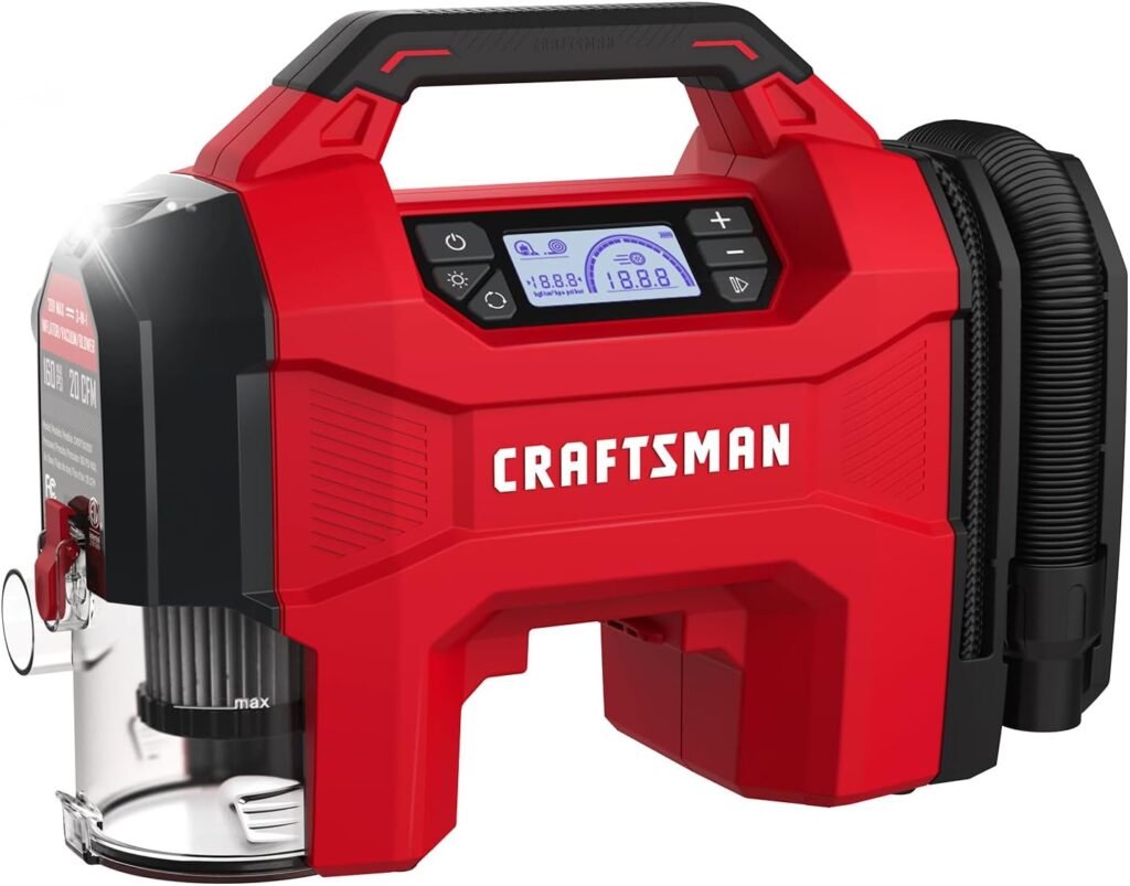 CRAFTSMAN 3-in-1 Tire Inflator, 160PSI Portable Air Compressor/Car Vacuum/Dust Blower, 20V Cordless  12V Car Power, Air Pump with LED Light for Cars Trucks RV Tires (Battery Sold Separately)