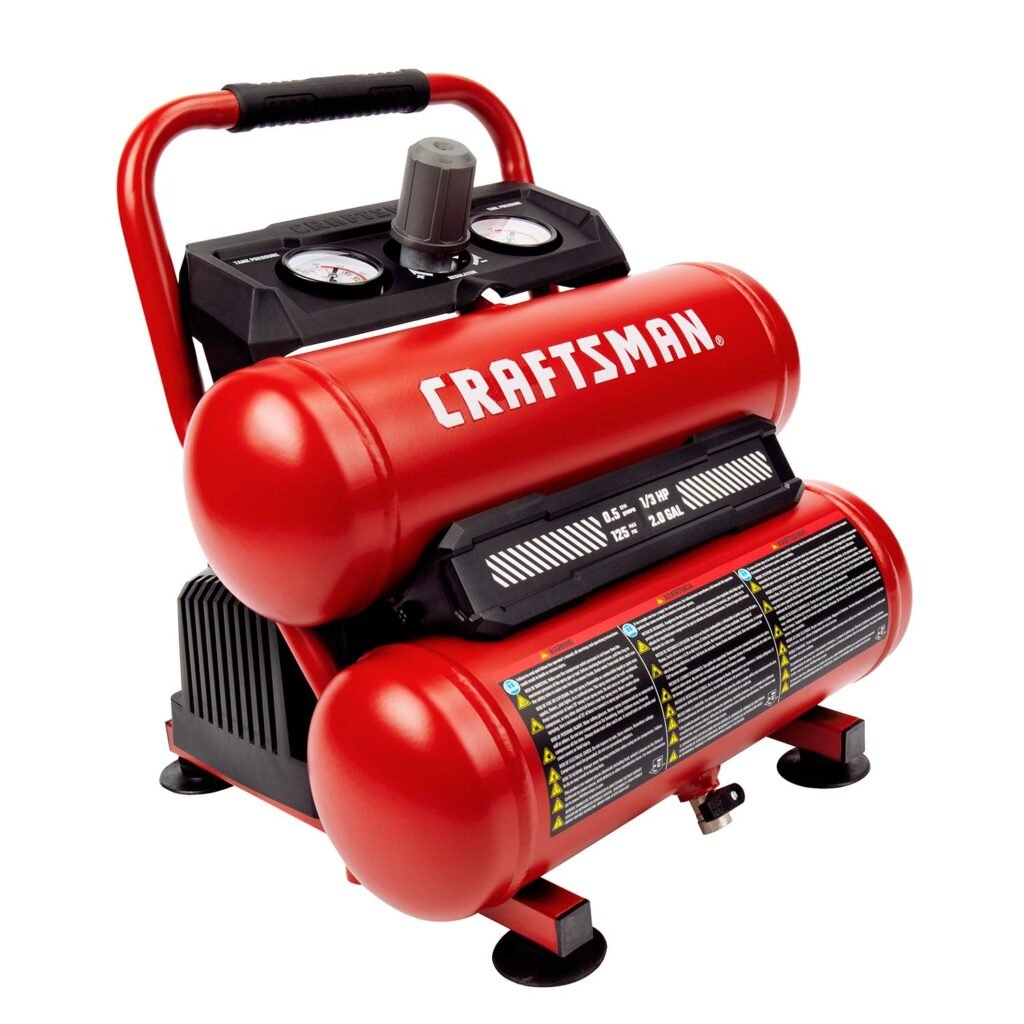 CRAFTSMAN Air Compressor Portable Air Tool Twin Tank 2Gallon, 1/3 HP Oil-Free Max 125 PSI Pressure, Model: CMXECXA0220242, Red