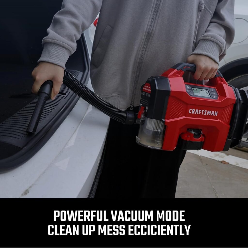 CRAFTSMAN Inflator/Vacuum/Blower 3-IN-1,Tire Inflator Portable Air Compressor with LED Light,Quiet Car Vacuum or Blower, 160 PSI for Car RV Truck,12V DC Corded and 20V DC Cordless,Tool Only