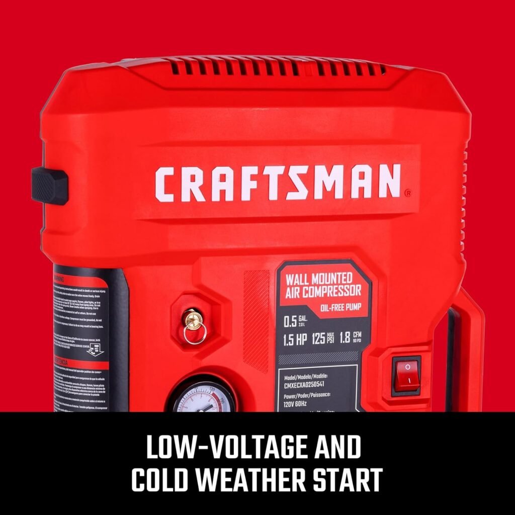 CRAFTSMAN Tire Inflator, All in One Wall Mount Air Compressor Oil-Free with Retractable 30ft Air Hose and Pressure Regulator, Great for Tire Inflation, Brad/Stapler, Finishing Jobs,1.5HP 125PSI