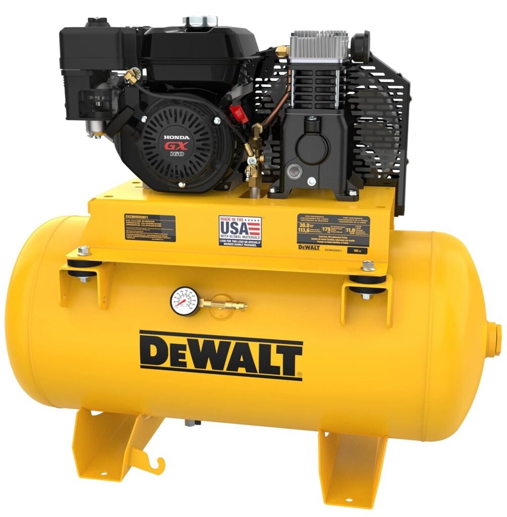 DEWALT 30 Gallon Gas Air Compressor Powered by HONDA GX160 Engine with Oil Lubricated Twin Cylinder Pump and Cast Iron Crankcase, Ideal for Service Trucks: 175 PSI, Truck Mounted