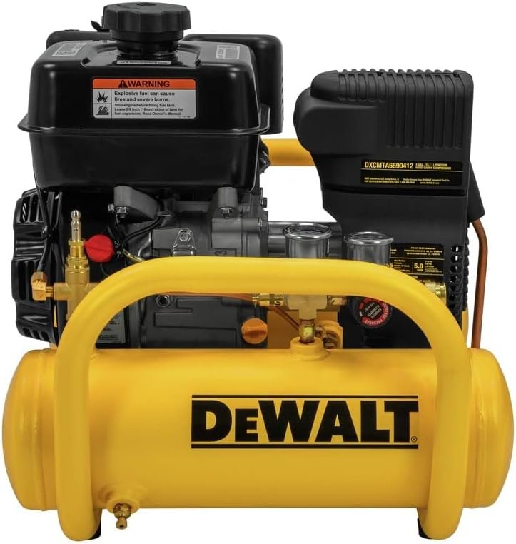DEWALT 4 Gallon Gas Powered Air Compressor, Portable, 155 Max PSI, Oil-Free, Easy Start 196cc Kohler SH270 Engine, 5 HP - Reliable and Efficient Air Compressor for Versatile Applications