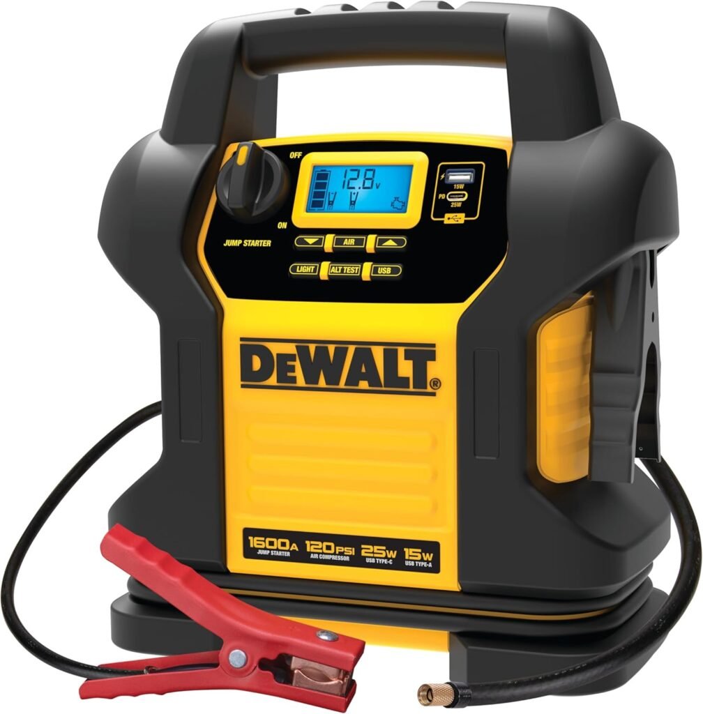 DEWALT DXAEJ14-Type3 Digital Portable Power Station Jump Starter - 1600 Peak Amps with 120 PSI Compressor, AC Charging Cube, 15W USB-A and 25W USB-C Power for Electronic Devices