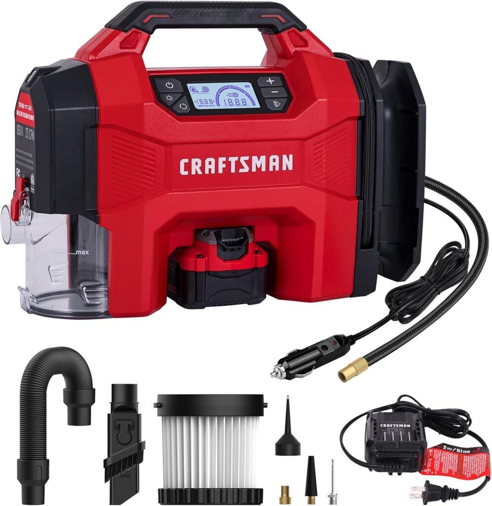CRAFTSMAN 3-in-1 Tire Inflator Kit with Battery  Charger, 160 PSI Portable Air Compressor, Car Vacuum  Dust Blower with LED Light (Includes 4.0Ah Battery  12V Charger)
