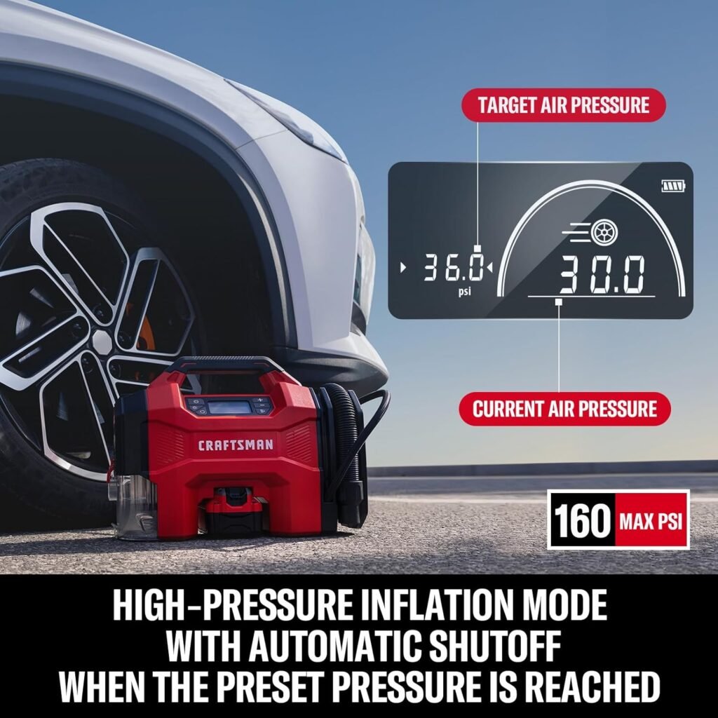 CRAFTSMAN 3-in-1 Tire Inflator Kit with Battery  Charger, 160 PSI Portable Air Compressor, Car Vacuum  Dust Blower with LED Light (Includes 4.0Ah Battery  12V Charger)