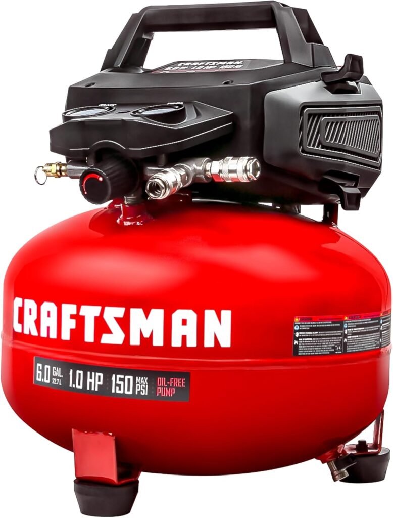 Craftsman Air Compressors，6 Gallon Portable Air Compressor 1.0HP 2.6 CFM@90PSI Oil Free Air Compressor Tank, Max 150 PSI Pressure Compressor, Pancake CMXECXA02106410