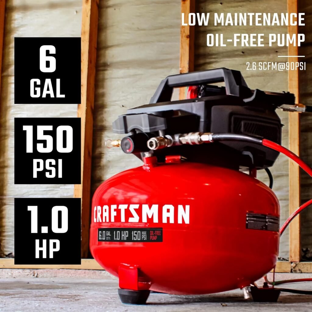 Craftsman Air Compressors，6 Gallon Portable Air Compressor 1.0HP 2.6 CFM@90PSI Oil Free Air Compressor Tank, Max 150 PSI Pressure Compressor, Pancake CMXECXA02106410