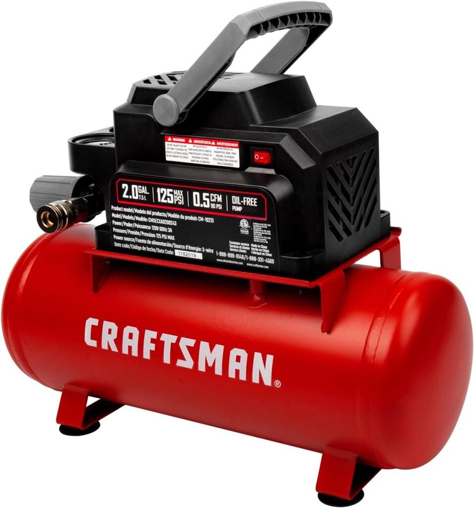 Craftsman Air Tools, 2 Gallon Portable Air Compressor 1/3 HP Oil-Free Max 125 PSI Pressure, Hot Dog, Model: CMXECXA0200243