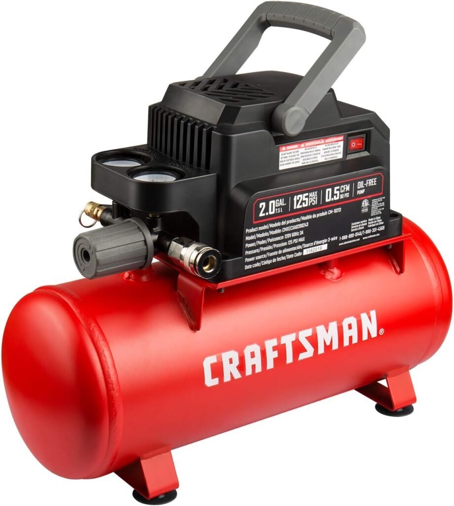 Craftsman Air Tools, 2 Gallon Portable Air Compressor 1/3 HP Oil-Free Max 125 PSI Pressure, Hot Dog, Model: CMXECXA0200243