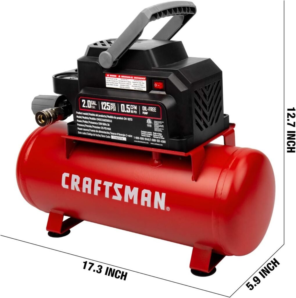 Craftsman Air Tools, 2 Gallon Portable Air Compressor 1/3 HP Oil-Free Max 125 PSI Pressure, Hot Dog, Model: CMXECXA0200243