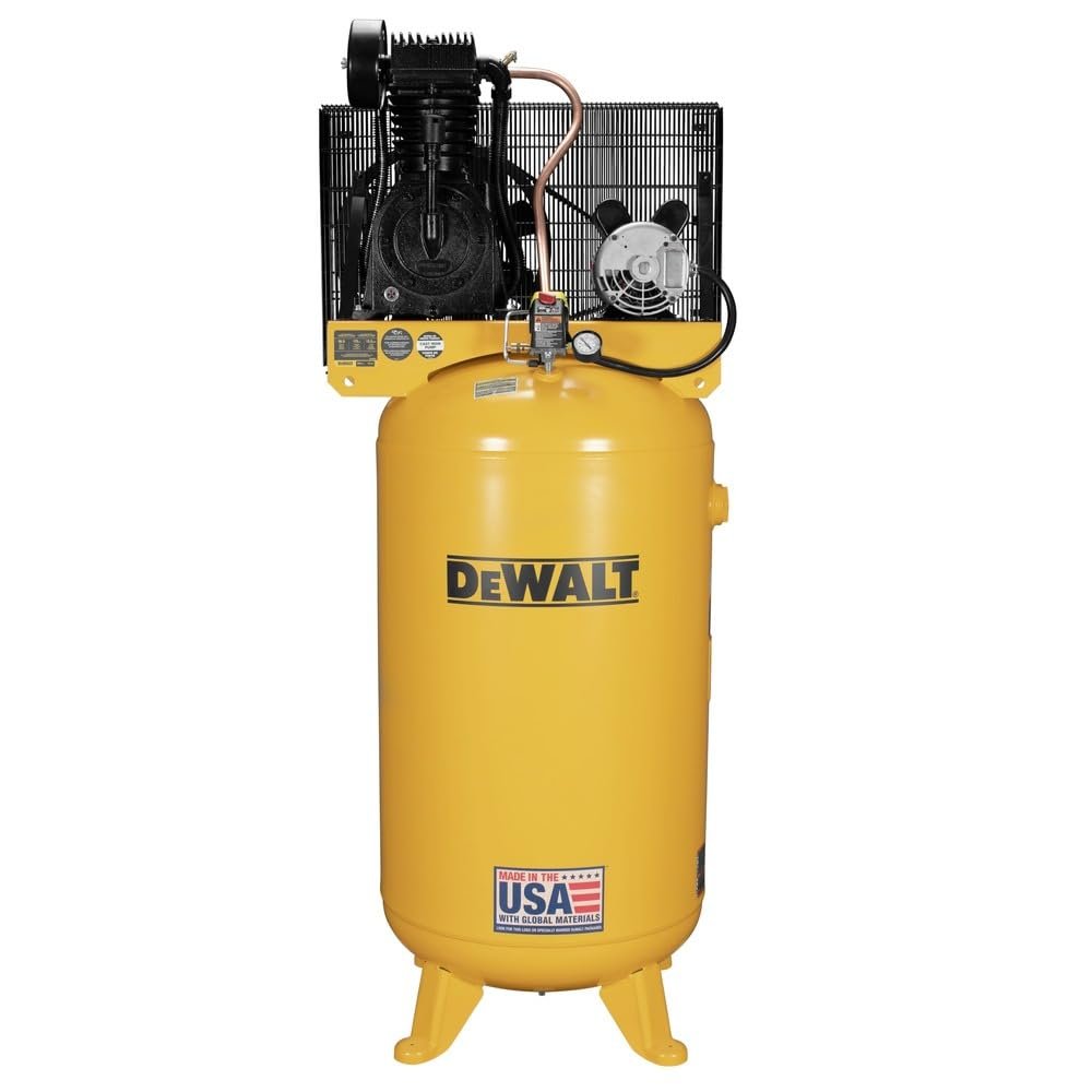 DEWALT 80 Gallon Vertical Air Compressor with 2 Stage Oil Lubricated Pump, Heavy Duty 240V Induction Motor, 175 Max PSI, 14.6 SCFM @ 100 PSI, Durable and efficient, Ideal for Industrial Use.