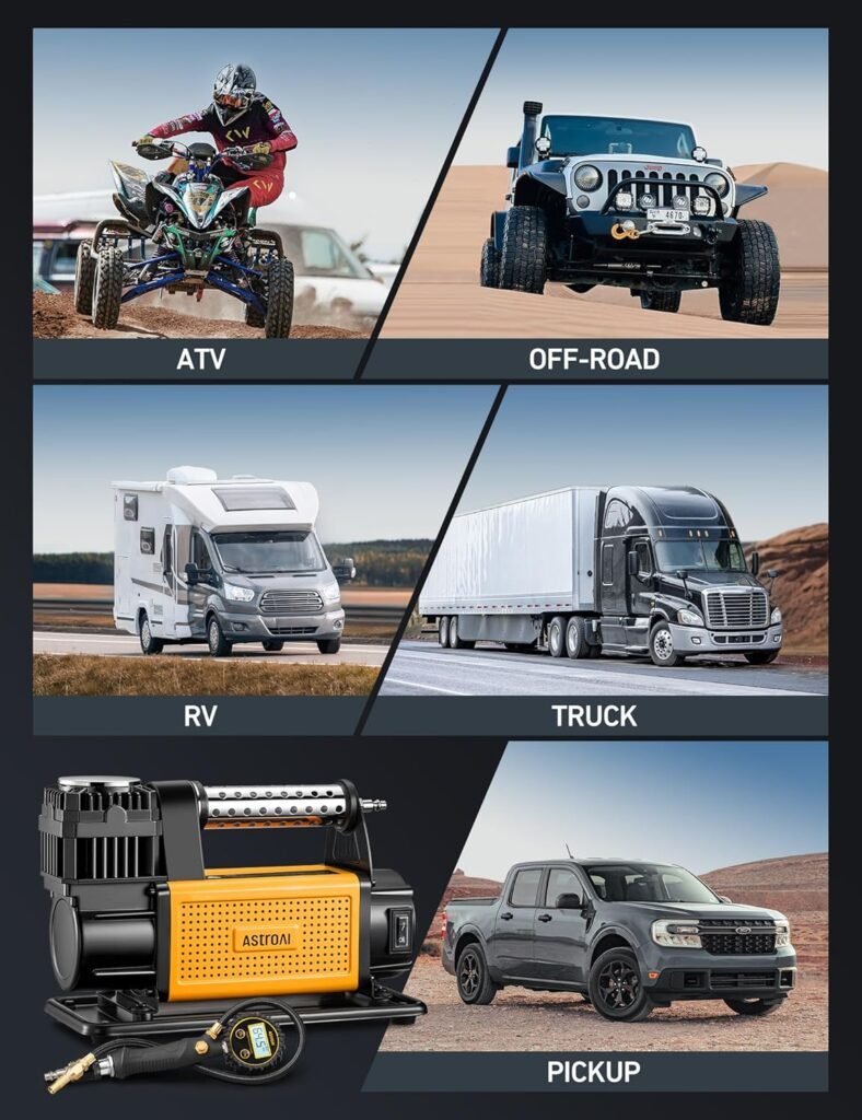 AstroAI T6 Offroad Air Compressor, 12 V Portable Air Pump with 7.06 CFM, AirCtrl, ¼ NPT Quick Connector, Heavy-Duty Truck Tire Inflator, Max 150 PSI for 4 × 4 SUV Vehicle RV ATV AstroAI T6 Offroad Air Compressor, 12 V Portable Air Pump with 7.06 CFM, AirCtrl, ¼ NPT Quick Connector, Heavy-Duty Truck Tire Inflator, Max 150 PSI for 4 × 4 SUV Vehicle RV ATV