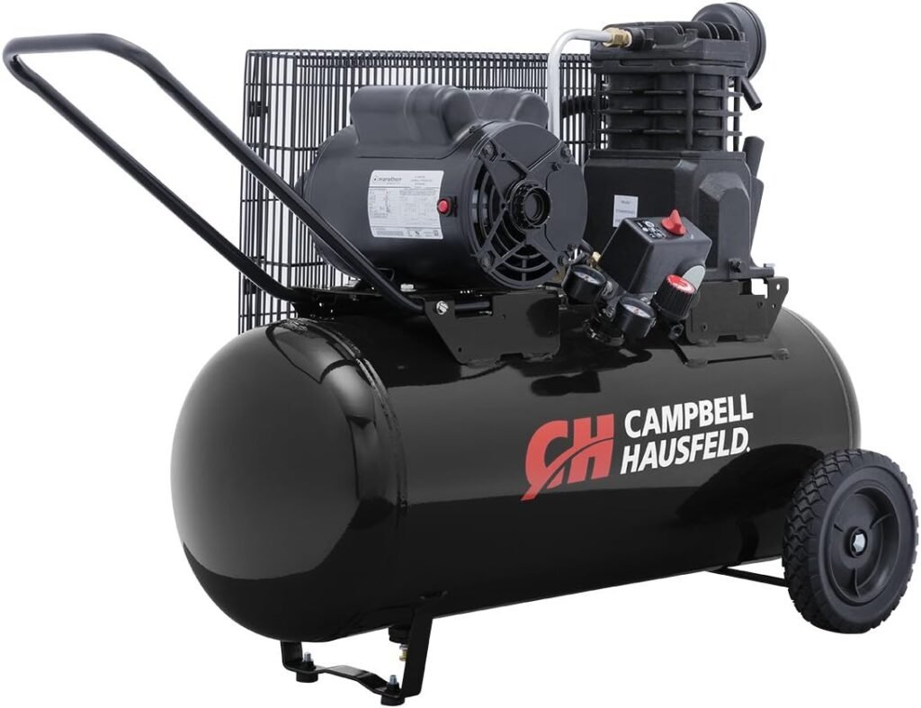 CAMPBELL HAUSFELD 30 Gallon Horizontal Air Compressor, 3.7 HP Portable Air Compressor, 135 maximum PSI, 230 Volt, Pneumatic wheels, Durable Industrial Design for Workshop and Garage Use