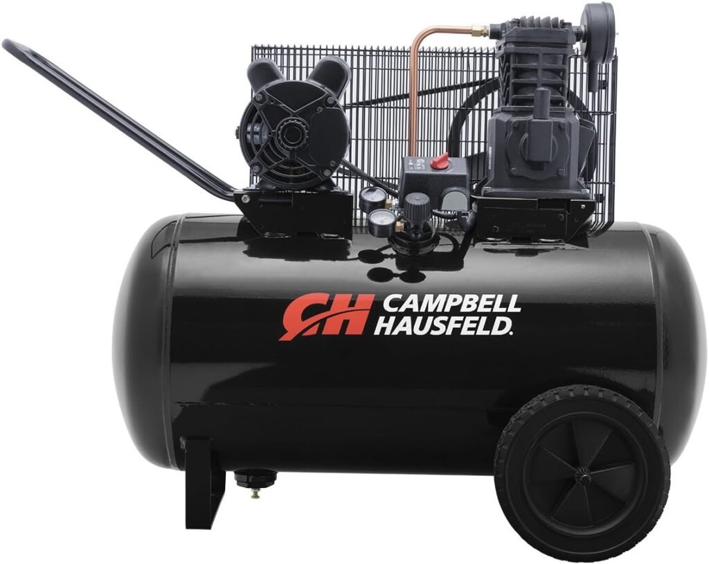 CAMPBELL HAUSFELD 30 Gallon Horizontal Air Compressor, 3.7 HP Portable Air Compressor, 135 maximum PSI, 230 Volt, Pneumatic wheels, Durable Industrial Design for Workshop and Garage Use
