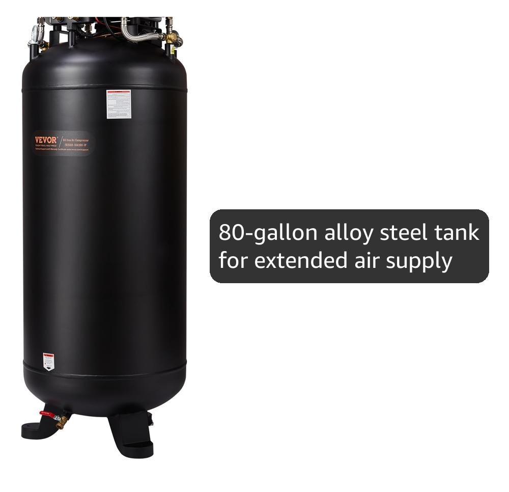 VEVOR 80 Gallon Air Compressor, 145PSI Oil Free Stationary Compressor Tank, 6.5HP 15.5SCFM@90 PSI, Quiet Compressor for Industrial Manufacturing, Workshops (220V/60Hz Single-Phase Power)