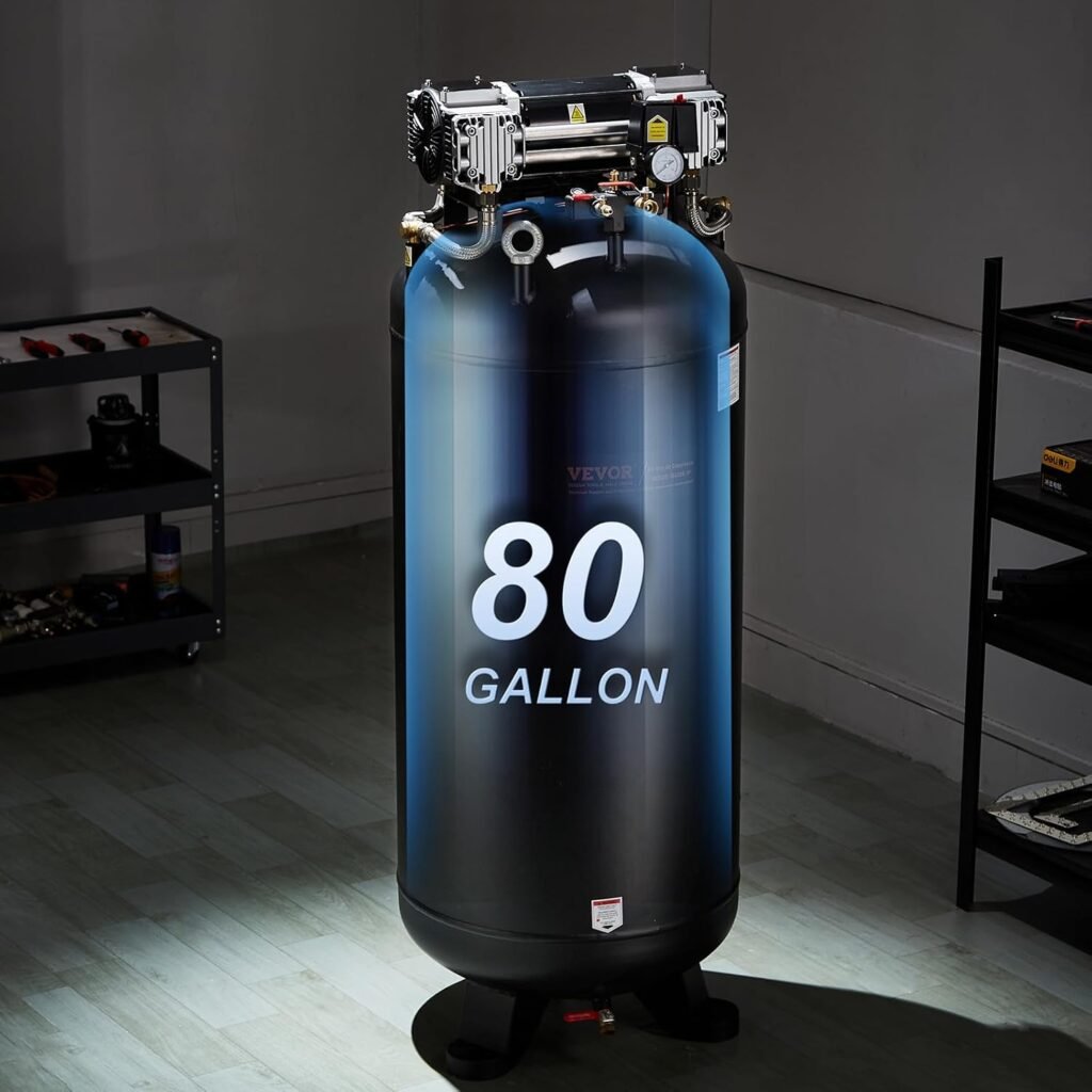 VEVOR 80 Gallon Air Compressor, 145PSI Oil Free Stationary Compressor Tank, 6.5HP 15.5SCFM@90 PSI, Quiet Compressor for Industrial Manufacturing, Workshops (220V/60Hz Single-Phase Power)