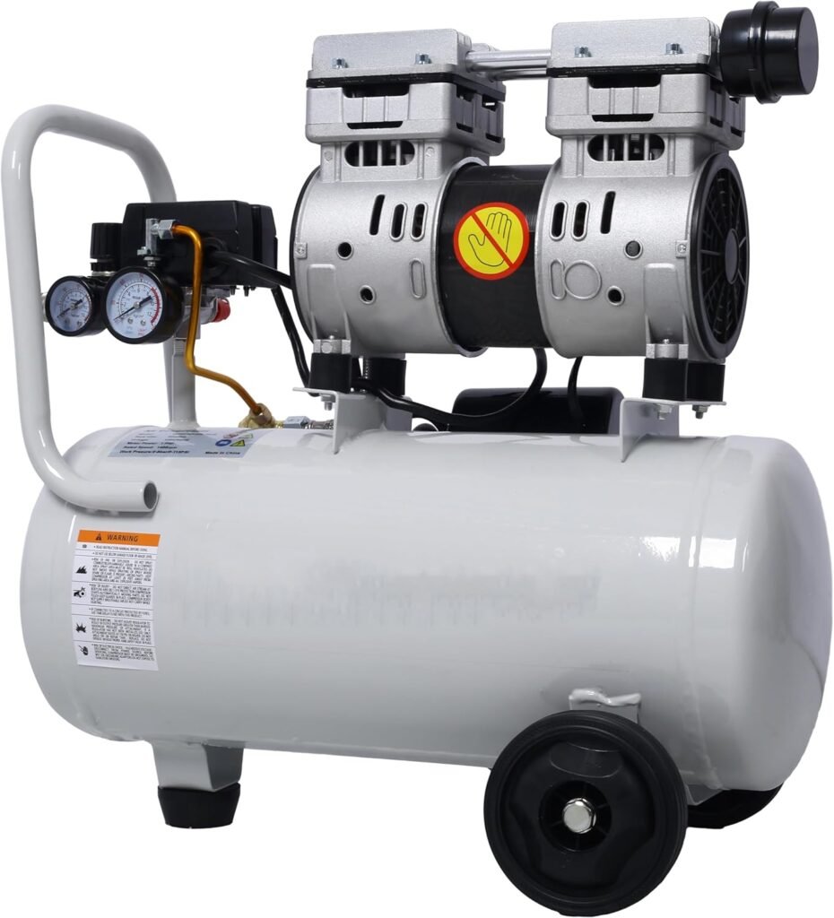 1.5HP 8 Gallons Air Compressor Tank Ultra Quiet Horizontal Tank Adjustable Pressure Ideal, Oil-Free, Electric Shop Air Compressor Portable with Wheels, with Automatic Drain Valve (Light grey)