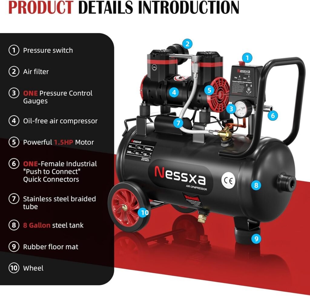8 Gallon Ultra Quiet Air Compressor, 1.5HP 4.52 CFM, Max 115 PSI Oil-Free Air Compressor Tank for Car Repair, Spray Painting, Woodwork Nailing, 110V/60hz, 70dB