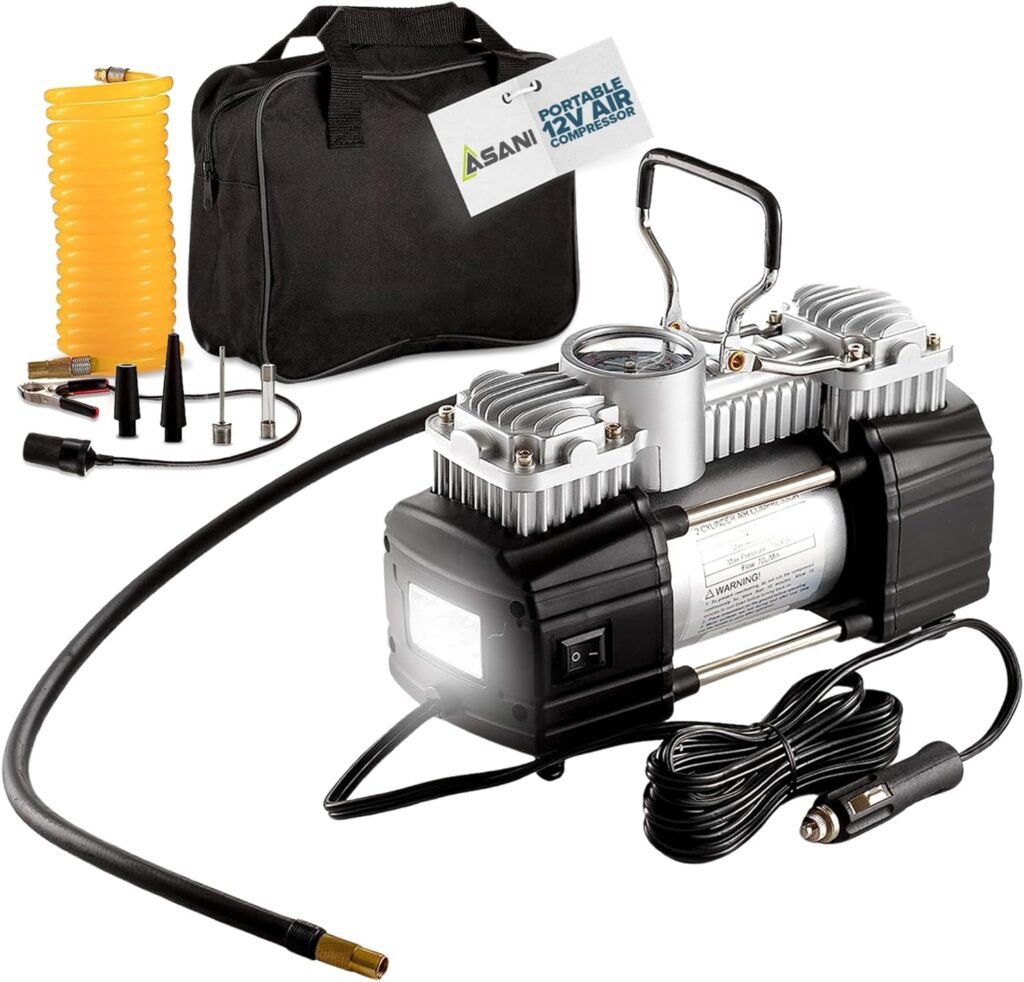Asani 12V Air Compressor - Portable  Compact Tire Pump, 150 PSI Heavy-Duty Double Cylinder Tire Inflator with LED Flashlight, Ideal for SUVs, Off-Road, Trailer, Truck, Bike, Air Bed