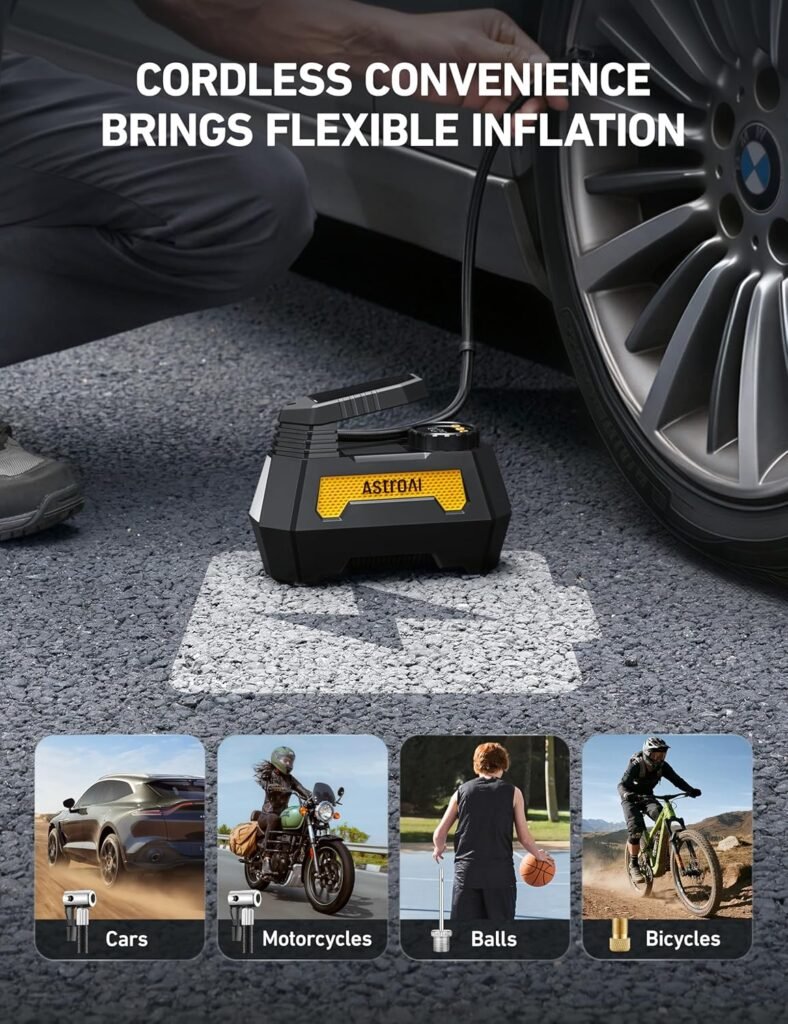 AstroAI H2 Pro Tire Inflator Portable Air Compressor Fully Upgraded Air Pump with DC 12V/Battery Dual Power Supplies Digital Pressure Gauge Fast Inflation Pump for Cars Motorcycles Bikes Gift Yellow
