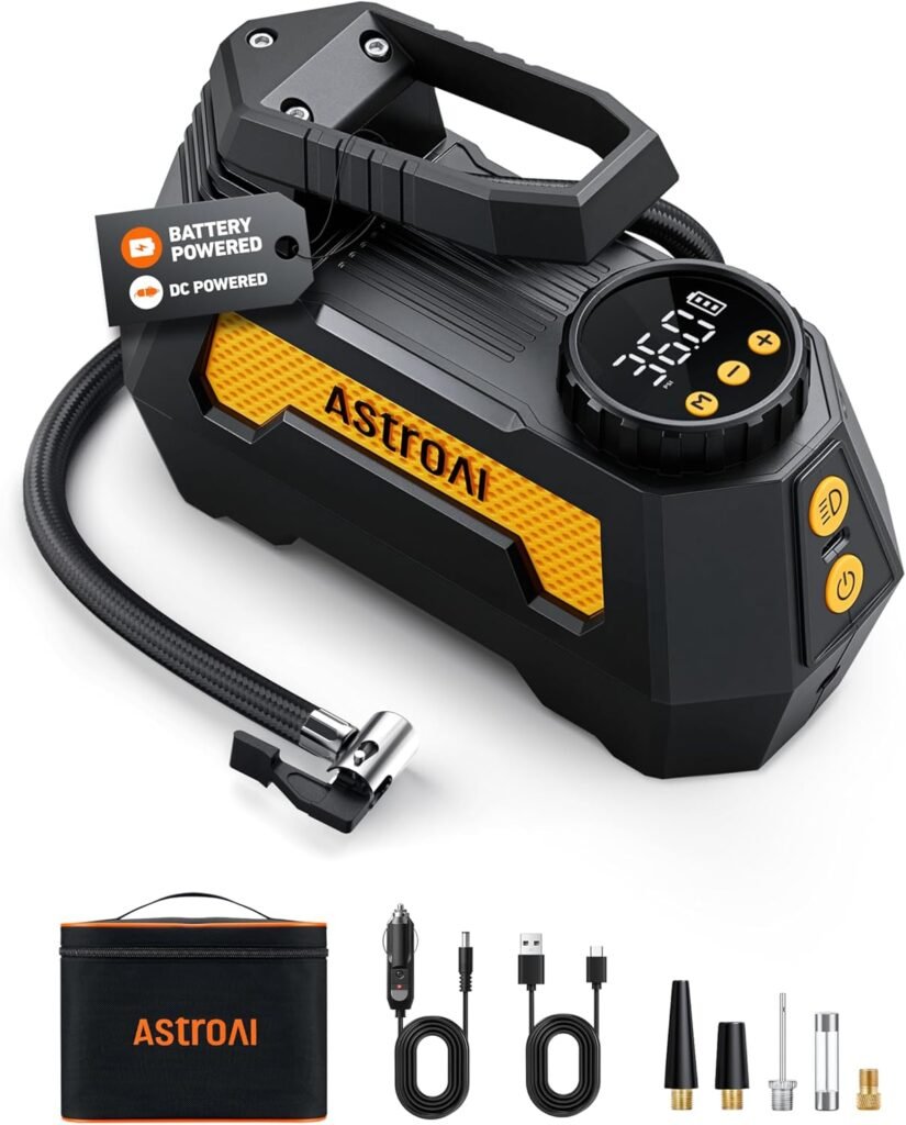 AstroAI H2 Pro Tire Inflator Portable Air Compressor Fully Upgraded Air Pump with DC 12V/Battery Dual Power Supplies Digital Pressure Gauge Fast Inflation Pump for Cars Motorcycles Bikes Gift Yellow