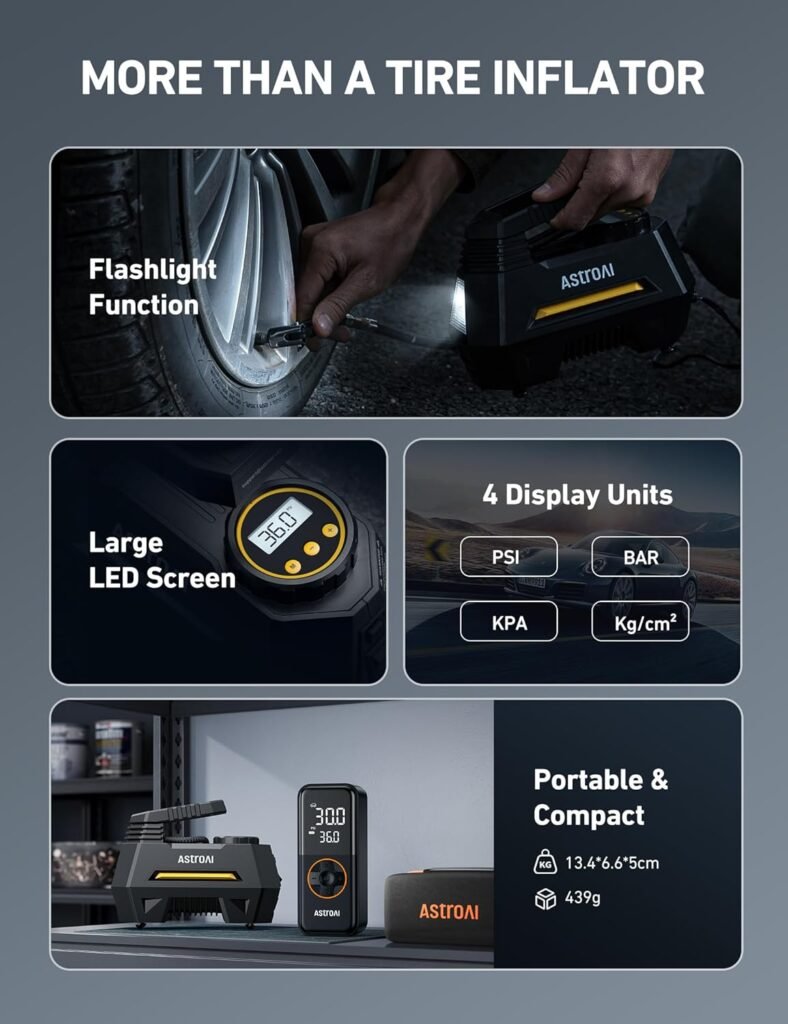 AstroAI Tire Inflator Portable Air Compressor Air Pump for Car Tires-Car Accessories, 9.8Ft Cord-12V DC-Powered Auto Pump with Digital Pressure Gauge, Emergency LED Light for Bicycle, Balloons, Yellow