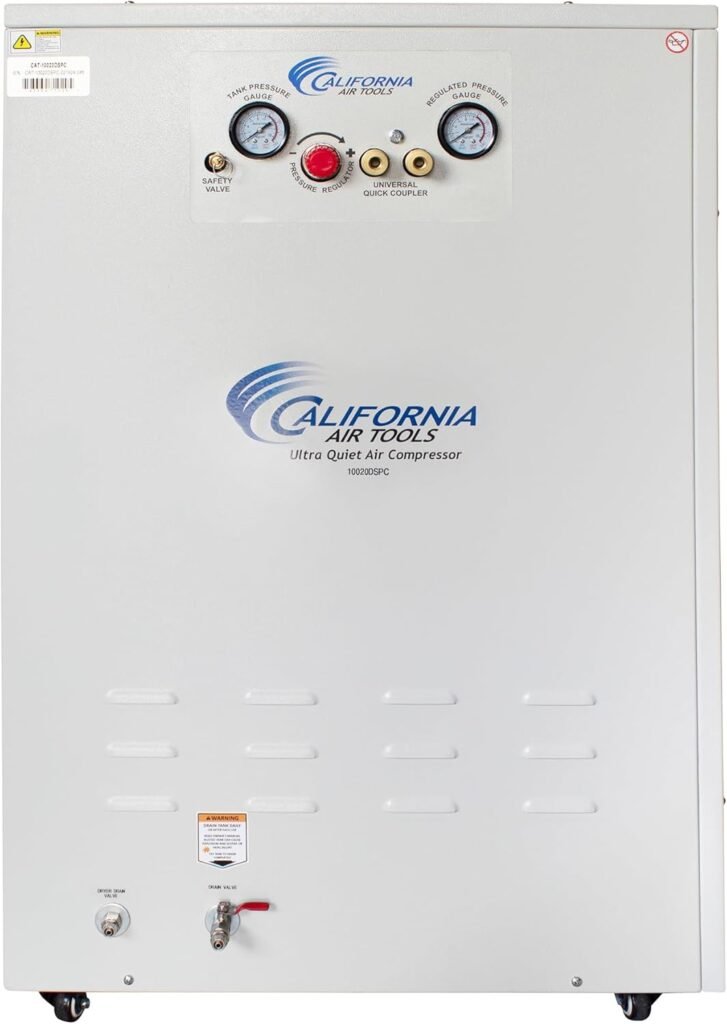 California Air Tools 10020DSPC 2.0 HP Ultra Quiet and Oil-Free Air Compressor, 10 Gallon Tank, 58 dB Noise Level, in Sound Proof Cabinet, with 80% Air Dryer and Aftercooler California Air Tools 10020DSPC 2.0 HP Ultra Quiet and Oil-Free Air Compressor, 10 Gallon Tank, 58 dB Noise Level, in Sound Proof Cabinet, with 80% Air Dryer and Aftercooler