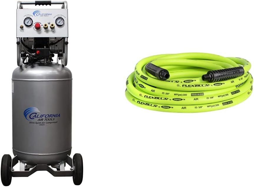 California Air Tools 20020 Ultra Quiet  Oil-Free Air Compressor 2.0 Hp, 20.0 Gal. Steel Tank Air Compressor  Flexzilla Air Hose, 3/8 in. x 25 ft, 1/4 in. MNPT Fittings
