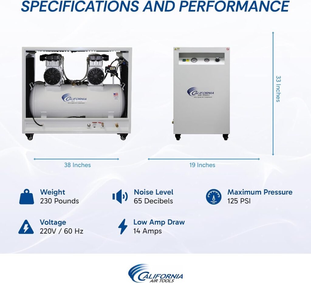 California Air Tools 20040SPCAD 4.0 HP Ultra Quiet and Oil-Free Air Compressor, 20 Gallon Tank, 65 dB Noise Level, in Sound Proof Cabinet with Auto Drain Valve, 220V / 60Hz