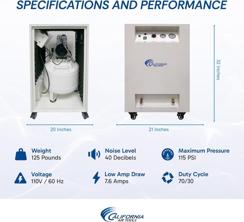 California Air Tools 8010SPC 1.0 HP Ultra Quiet and Oil-Free Air Compressor in Sound Proof Cabinet with Wheels, 8 Gallon Steel Tank, 40 dBA Noise Level