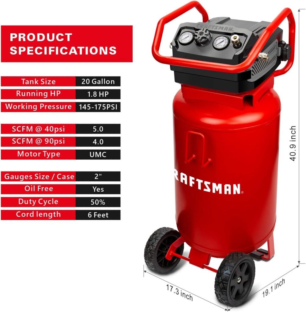 CRAFTSMAN Air Compressor, 20 Gallon, 1.8 HP, Oil-Free Air Tools, Red  Flexzilla Air Hose, 3/8 in. x 50 ft., 1/4 in. MNPT Fittings, Heavy Duty, Lightweight, Hybrid, ZillaGreen - HFZ3850YW2