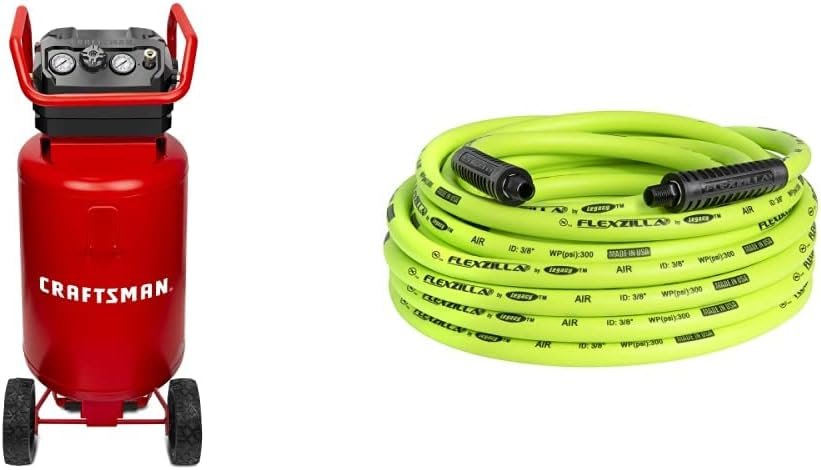 CRAFTSMAN Air Compressor, 20 Gallon, 1.8 HP, Oil-Free Air Tools, Red  Flexzilla Air Hose, 3/8 in. x 50 ft., 1/4 in. MNPT Fittings, Heavy Duty, Lightweight, Hybrid, ZillaGreen - HFZ3850YW2