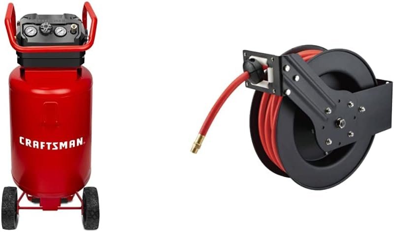 CRAFTSMAN Air Compressor, 20 Gallon, 1.8 HP, Oil-Free Air Tools, Red  MaxWorks 80720 50ft Auto Rewind Retractable Reel with 3/8 x 50 Air Hose with Brass Fittings