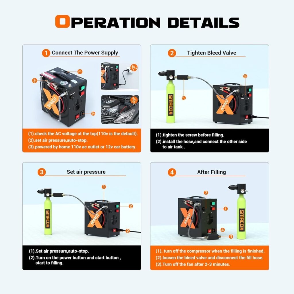 SMACO PCP Air Compressor 4500Psi/30Mpa High Pressure Air Compressor Paintball Scuba Tank Compressor HPA Pump Fill Station Auto-Stop,Oil-Free Powered by 12V DC or 110V AC with Water/Oil Separator