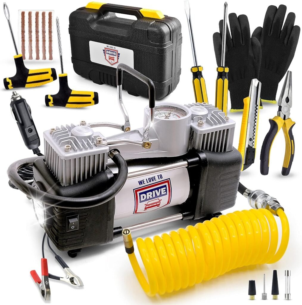 Tire Inflator Portable Air Compressor – 12V DC Air Pump for Car Tires, 150 PSI Electric Air Pump with Tyre Pressure Gauge – Corded Black by WE LOVE TO DRIVE