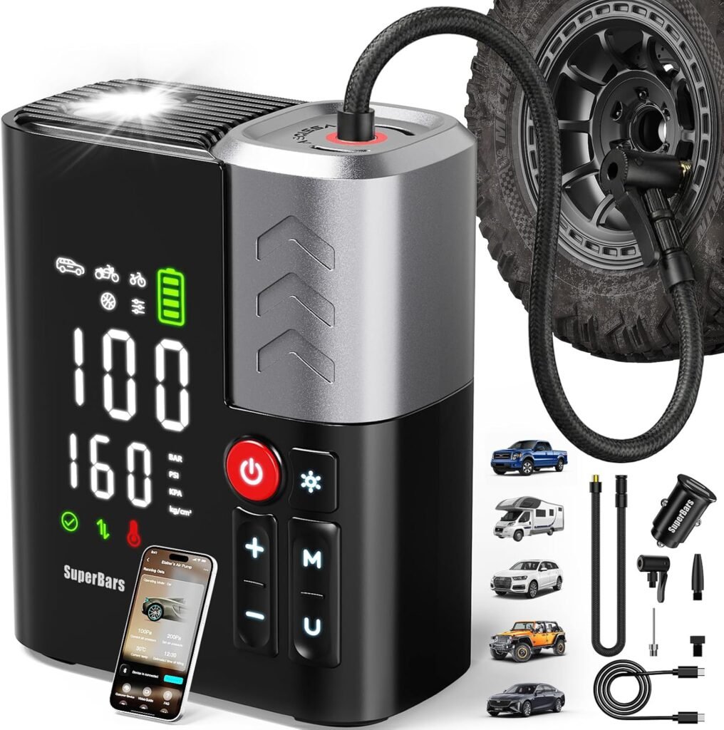 Tire Inflator Portable Air Compressor, 3X Faster 12V Air Pump with APP, 160PSI 48LPM Electric Tire Pump with 10400mAh Battery, 45W Faster Charging, Cordless Tire Inflator for Car SUV Pickup RV Truck