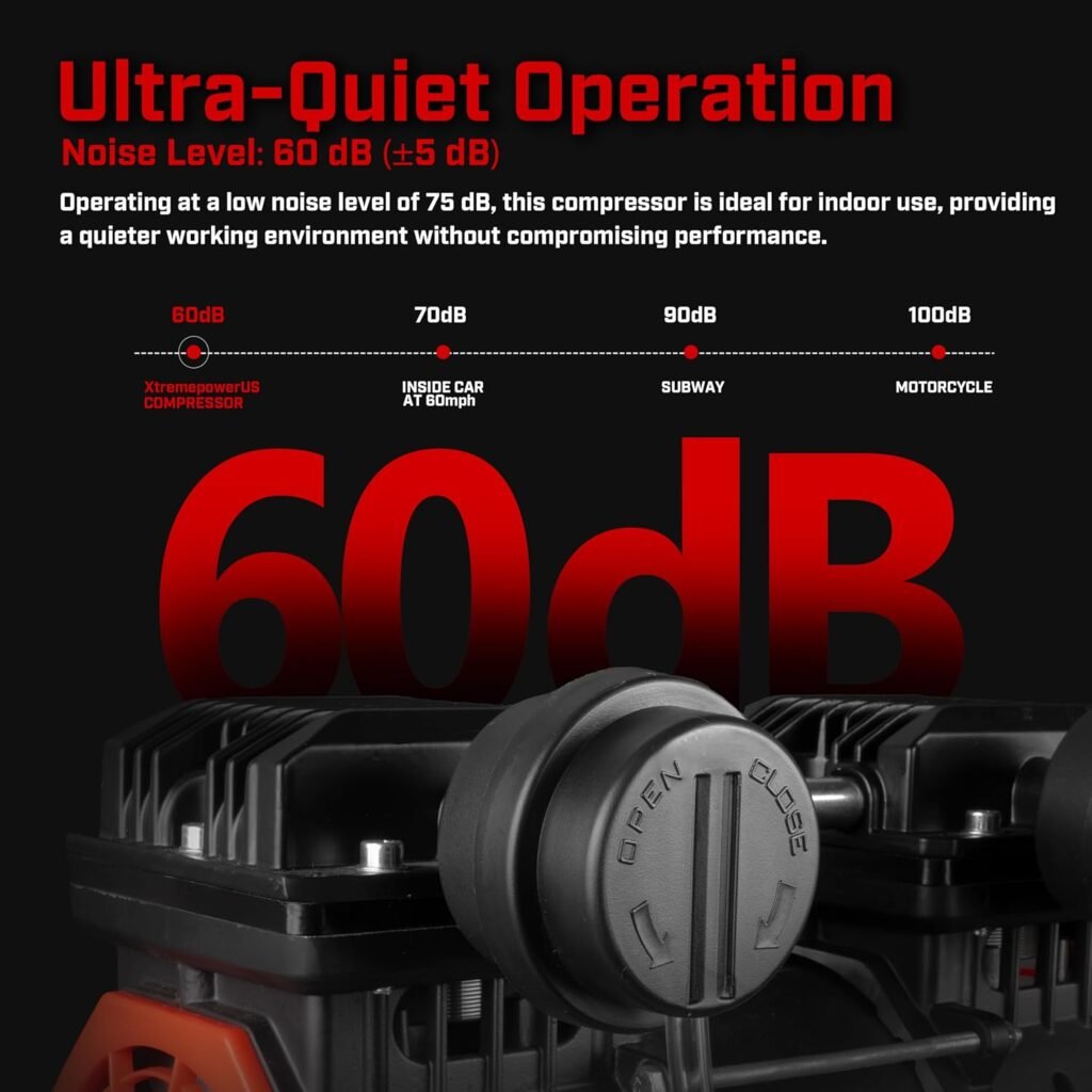 XtremepowerUS 2HP Ultra Quiet Air Compressor Tank Oil-Free Steel 60 dB Tank 7 Gallon, 4.9 CFM at 116 PSI, Ideal For Shop, Garage, Nail Gun, Pneumatic