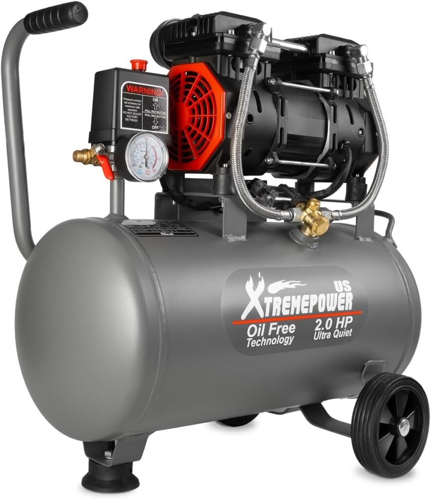 XtremepowerUS 2HP Ultra Quiet Air Compressor Tank Oil-Free Steel 60 dB Tank 7 Gallon, 4.9 CFM at 116 PSI, Ideal For Shop, Garage, Nail Gun, Pneumatic