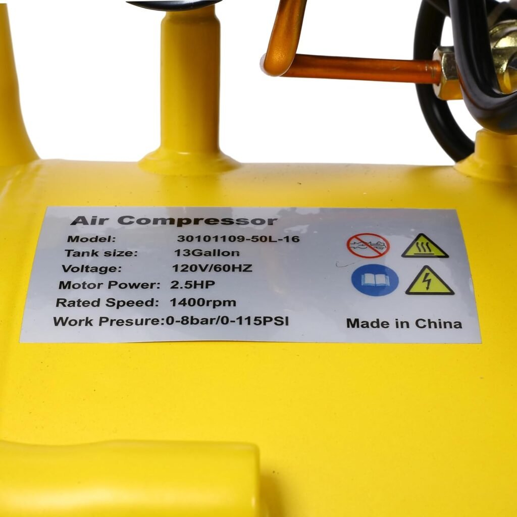 2.5 HP Silent Air Compressor 13 Gallon, Oil-Free, Electric Shop Air Compressor Portable,Lightweight with Wheels, 70 dBA Noise Level, with Automatic Drain Valve,Yellow