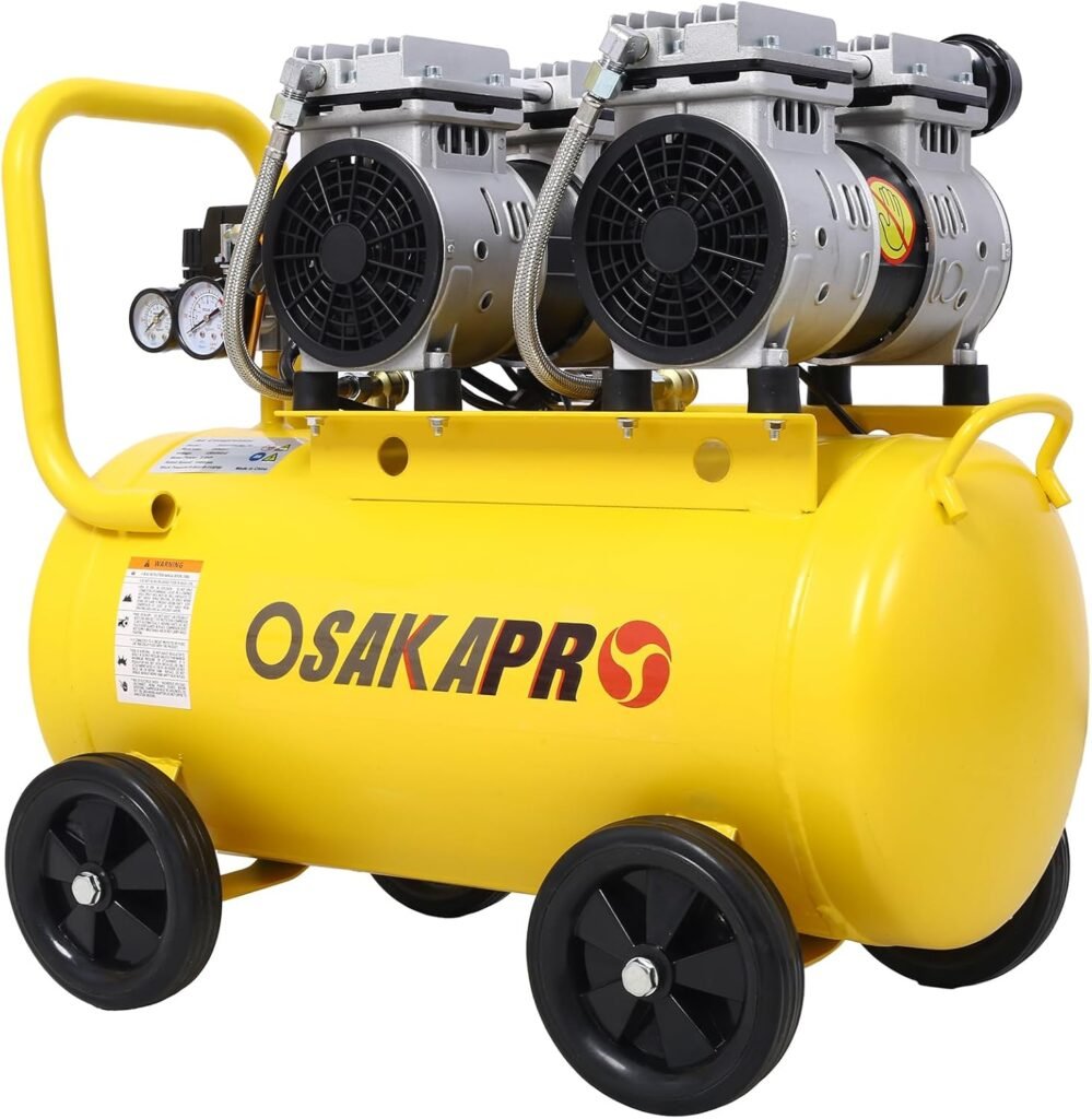 2.5 HP Silent Air Compressor 13 Gallon, Oil-Free, Electric Shop Air Compressor Portable,Lightweight with Wheels, 70 dBA Noise Level, with Automatic Drain Valve,Yellow