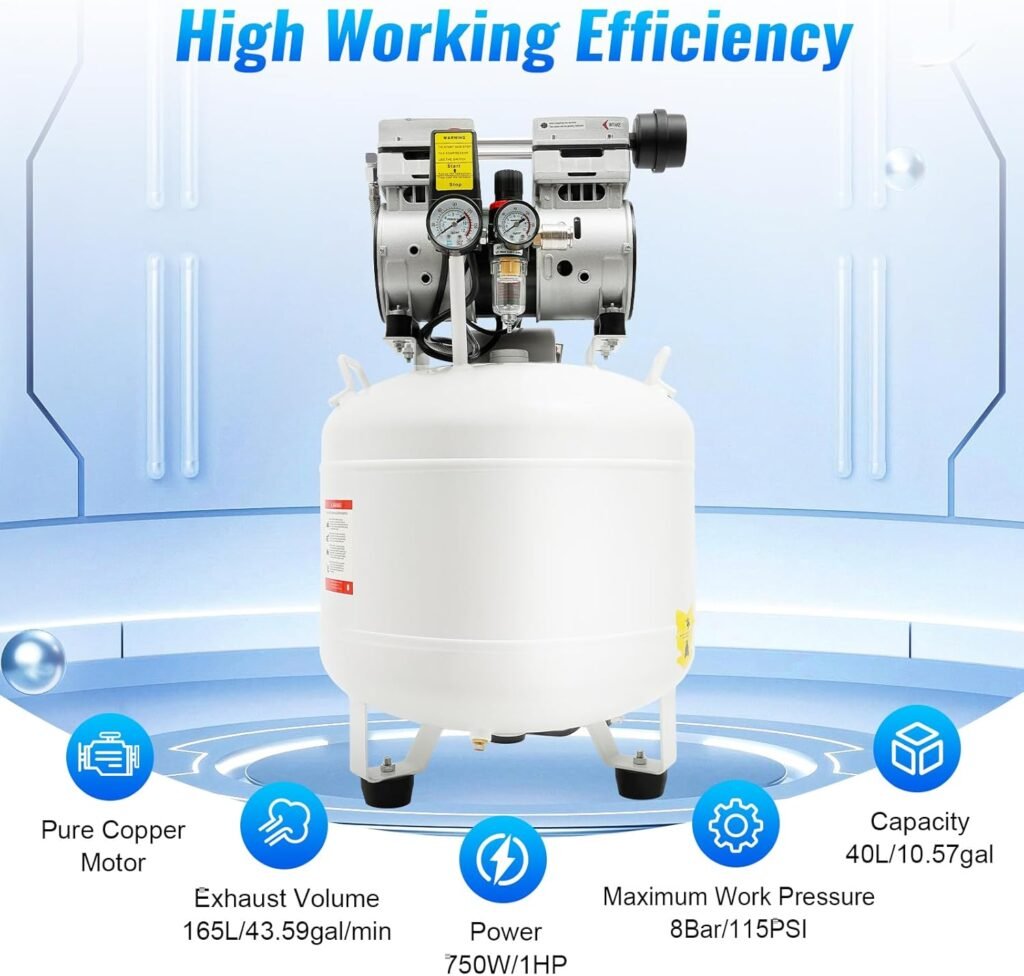 550W 40L Electric Air Compressor, 58dB Silent Oil-Free Air Pump 10 Gallon 8 PSI Air Storage Pump Dental Chair Device with Auto Drain Valve for Me-dical Equipment, Den-tistry
