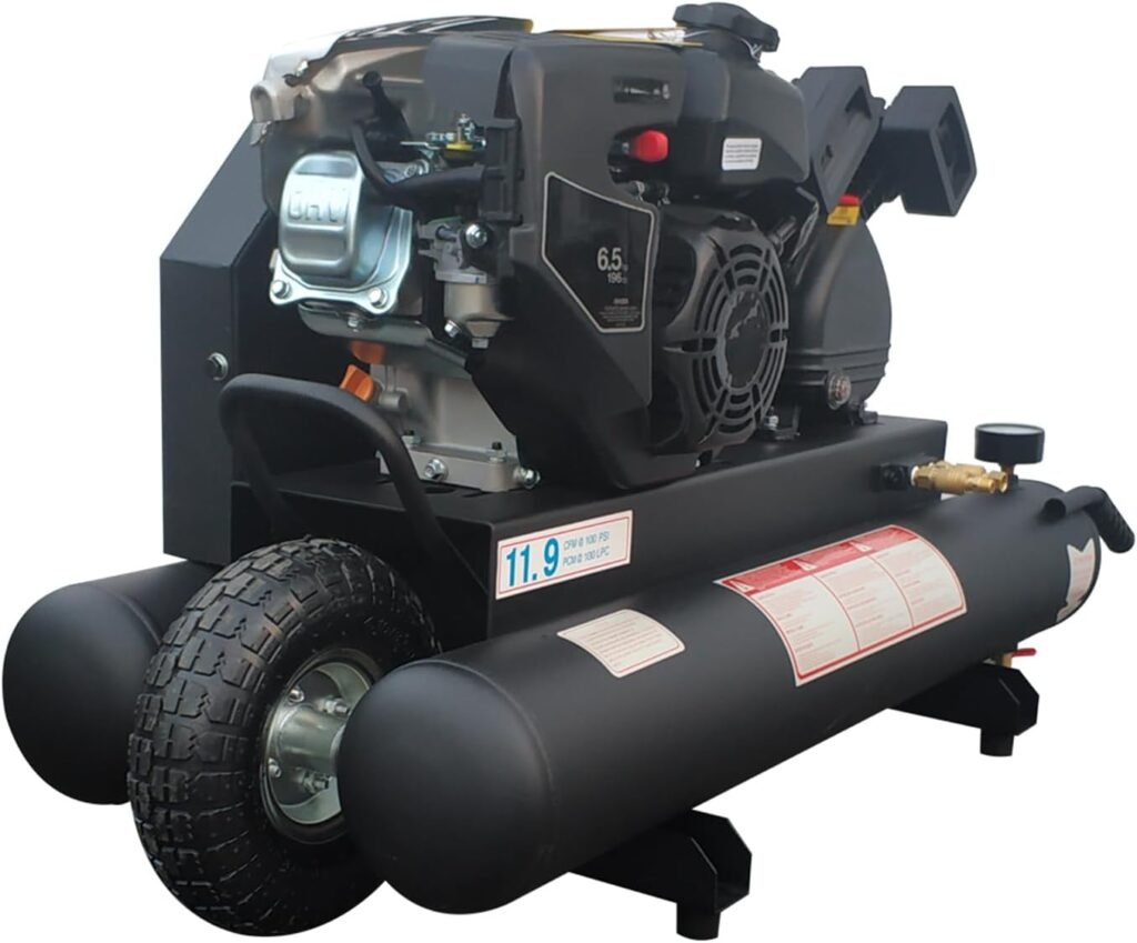 6.5HP Gas Powered Air Compressor 12CFM Portable Gasoline Driven Piston Pump Air Compressed System with 125PSI Max. Pressure and 9 Gal Air Tank for Workshop, Construction Sites, Machinery