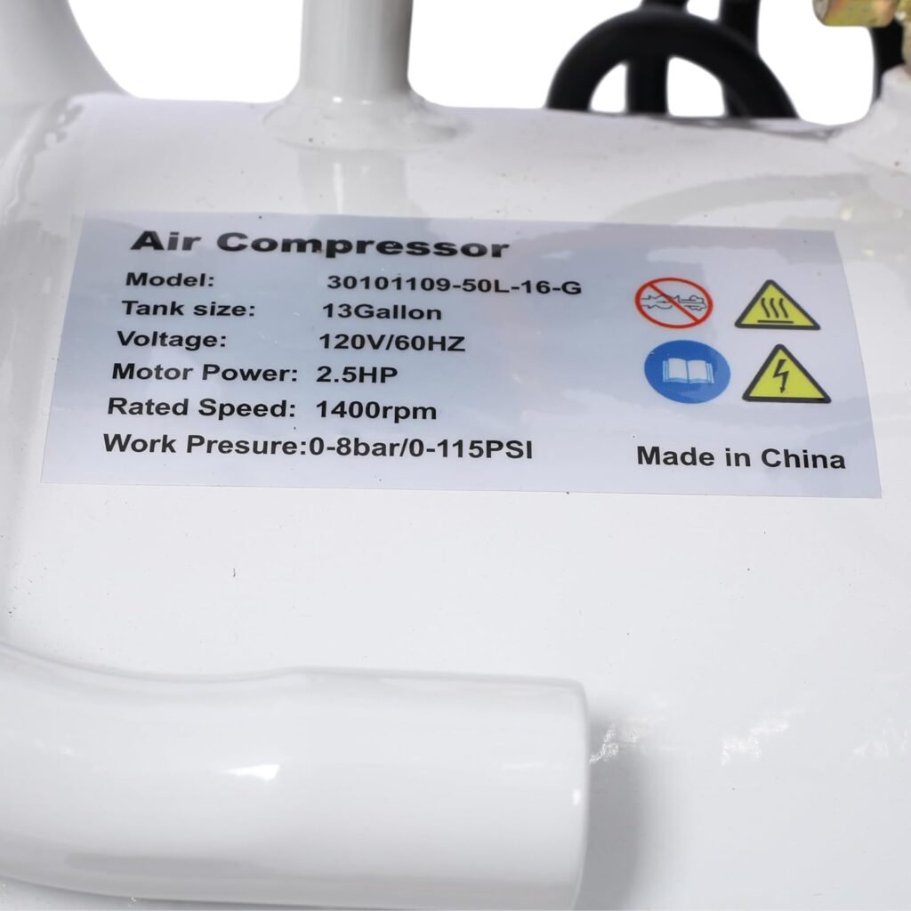 LuckyNote 2.5 Silent Air Compressor 13 Gallon, Oil-Free, Electric Shop Air Compressor Portable,Lightweight with Wheels, 70 dBA Noise Level, with Automatic Drain Valve (Light Gray)