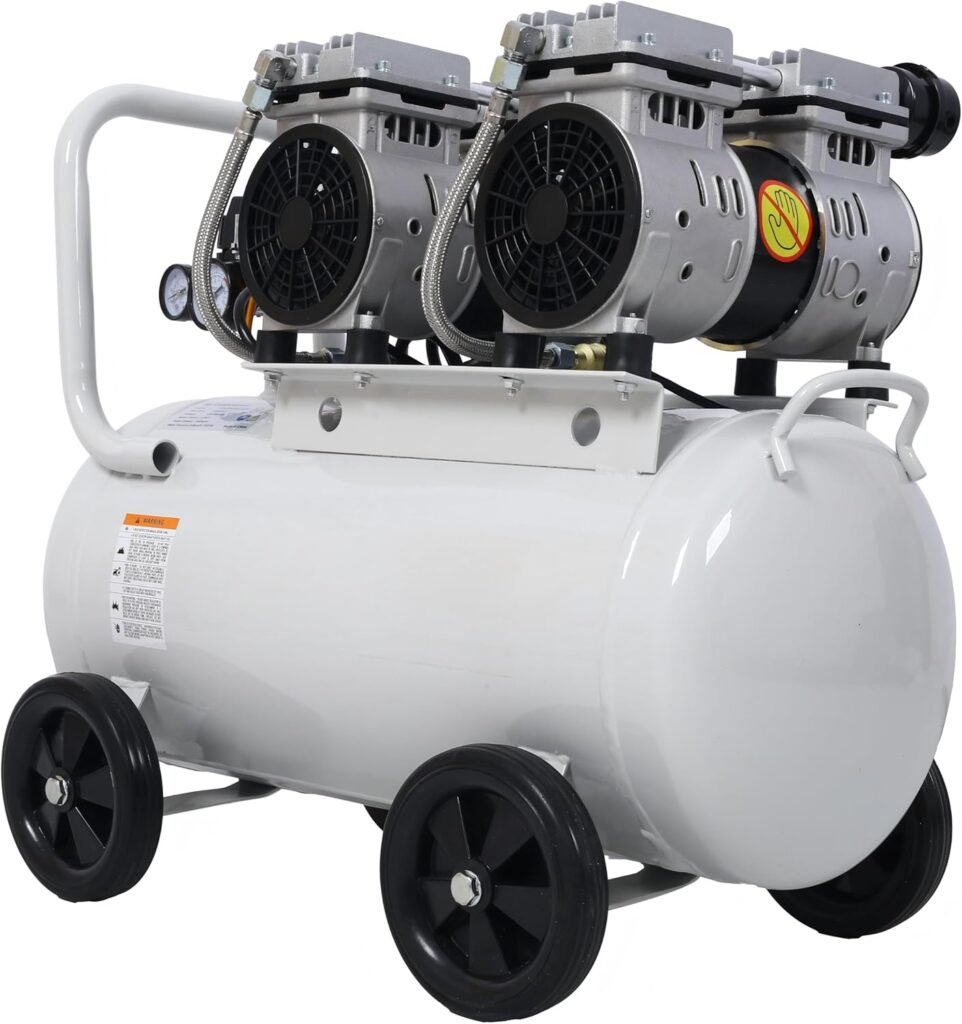 LuckyNote 2.5 Silent Air Compressor 13 Gallon, Oil-Free, Electric Shop Air Compressor Portable,Lightweight with Wheels, 70 dBA Noise Level, with Automatic Drain Valve (Light Gray)