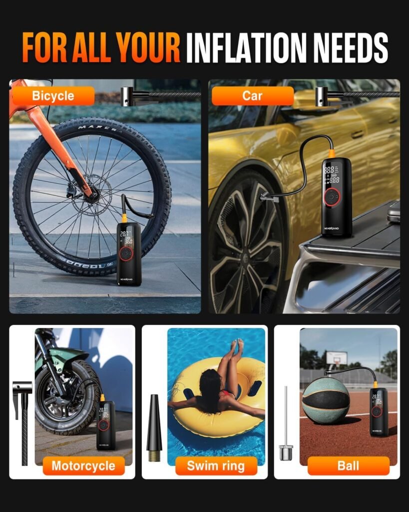 NEVERLAND Tire Inflator Portable Air Compressor - 5X Faster 150 PSI Electric Air Pump for Car Tires, Cordless Tire Inflator with Pressure Gauge for Car Bike Motorcycle Ball, DC 12V (Red)