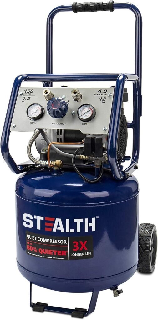 Stealth 12 Gallon Ultra Quiet Air Compressor, 1.5 HP Oil-Free Peak 150 PSI 68 Decibel,5 CFM @ 40 PSI 4 CFM @ 90 PSI Silent Portable Long Life Electric Air Compressor W/Wheel for Garage