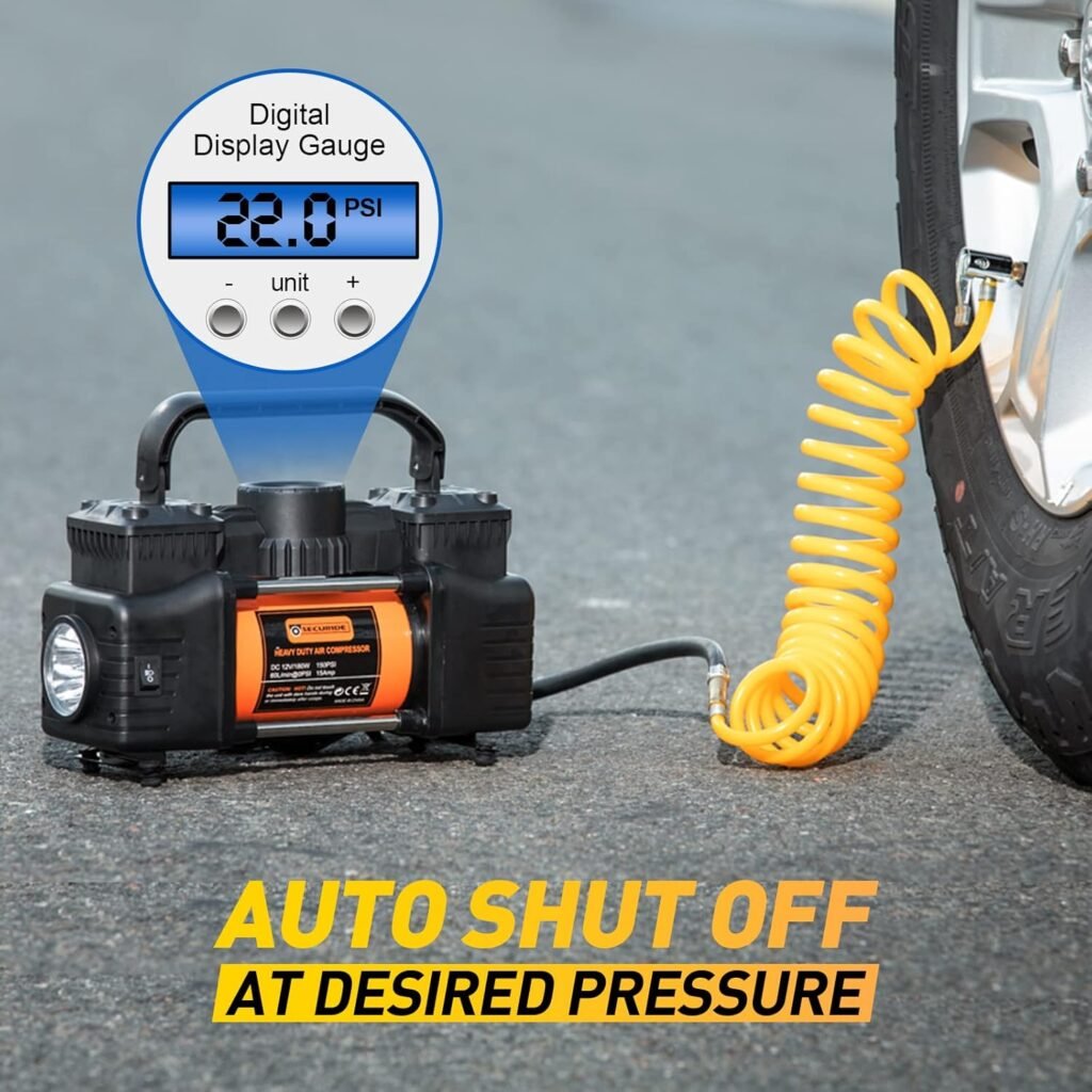 Tire Inflator Portable Air Compressor, 12V DC Double Cylinders Heavy Duty Air Pump With Digital Pressure Gauge,150PSI Emergency LED Light for Truck, SUV, Car, RV