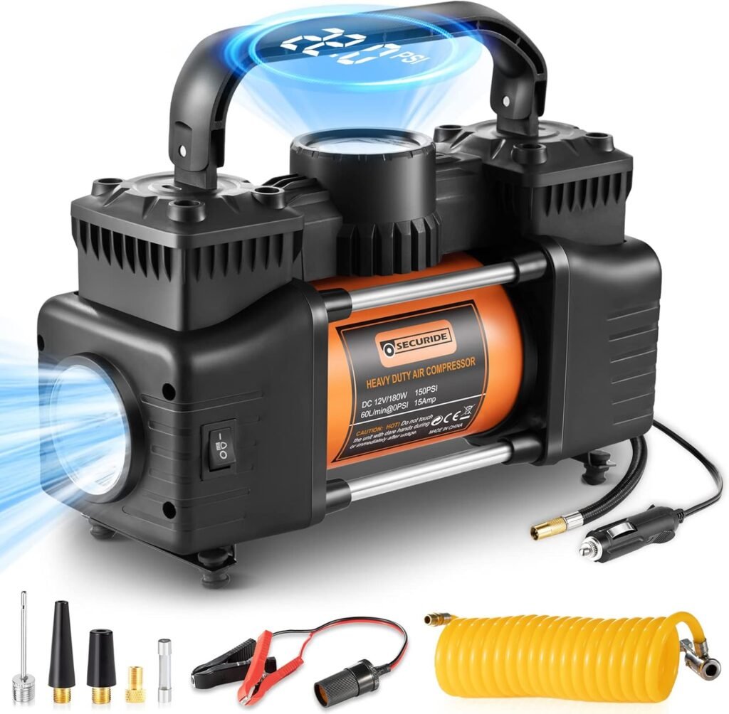 Tire Inflator Portable Air Compressor, 12V DC Double Cylinders Heavy Duty Air Pump With Digital Pressure Gauge,150PSI Emergency LED Light for Truck, SUV, Car, RV