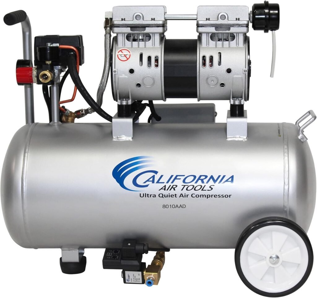 California Air Tools 8010AAD 1.0 HP Ultra Quiet and Oil-Free Air Compressor, 8 Gallon Aluminum Tank, Lightweight with Wheels, 60 dBA Noise Level, with Automatic Drain Valve