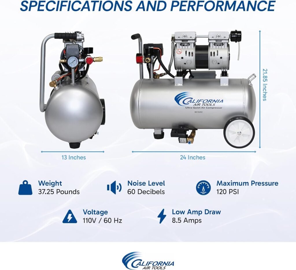 California Air Tools 8010AAD 1.0 HP Ultra Quiet and Oil-Free Air Compressor, 8 Gallon Aluminum Tank, Lightweight with Wheels, 60 dBA Noise Level, with Automatic Drain Valve
